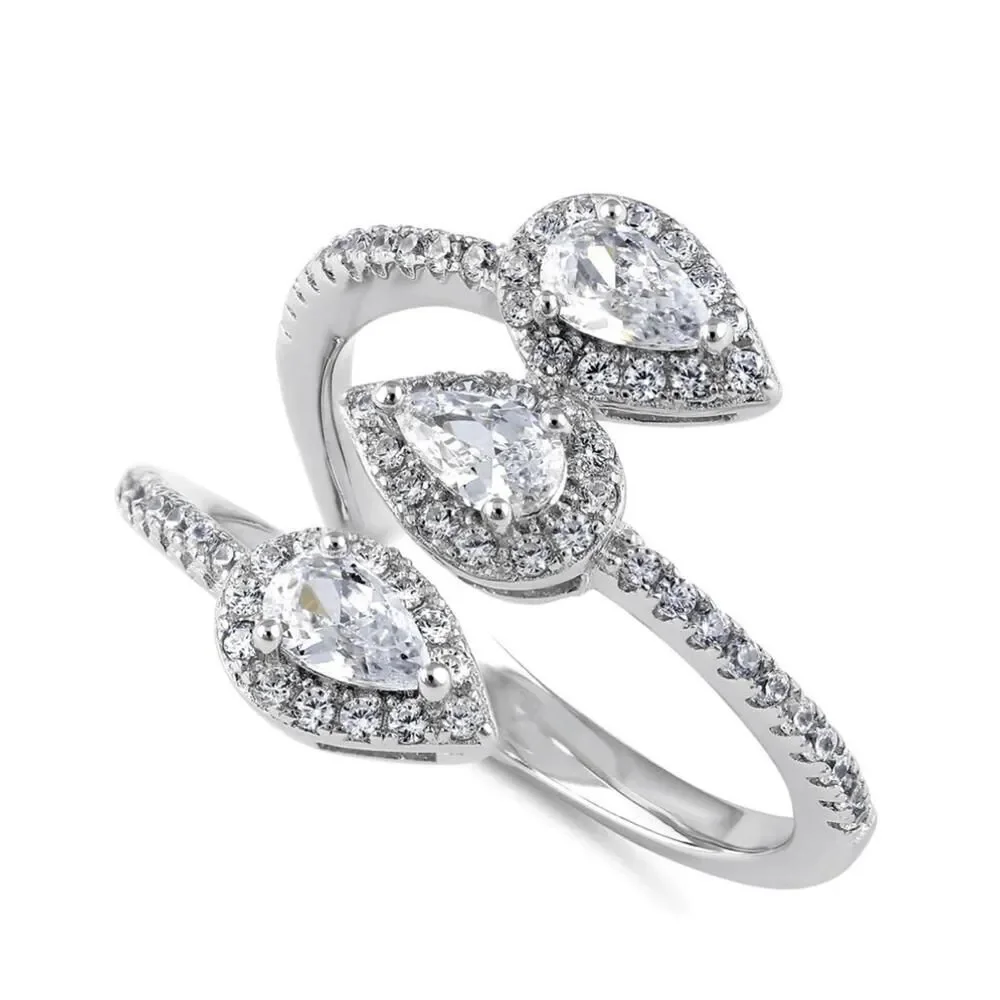 Sterling Silver Triple Pear Halo Wrap CZ Bypass Ring New